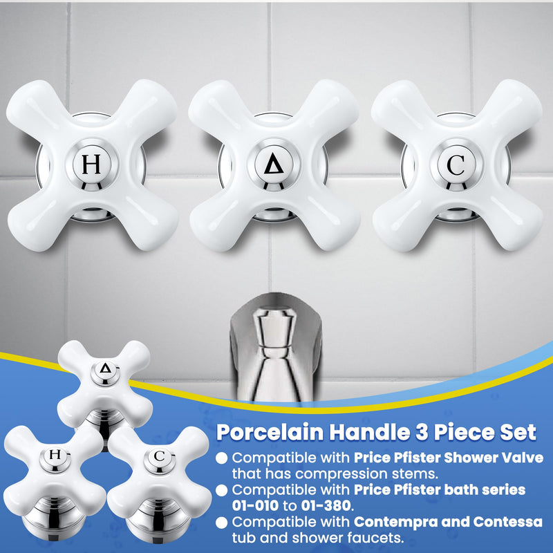 Enhon 3 Pcs Porcelain Handle Set, Compatible with Price Pfister Shower Valve, Hot Cold and Diverter Handle, Chrome Finish White Porcelain (Cross Arm) Cross Arm