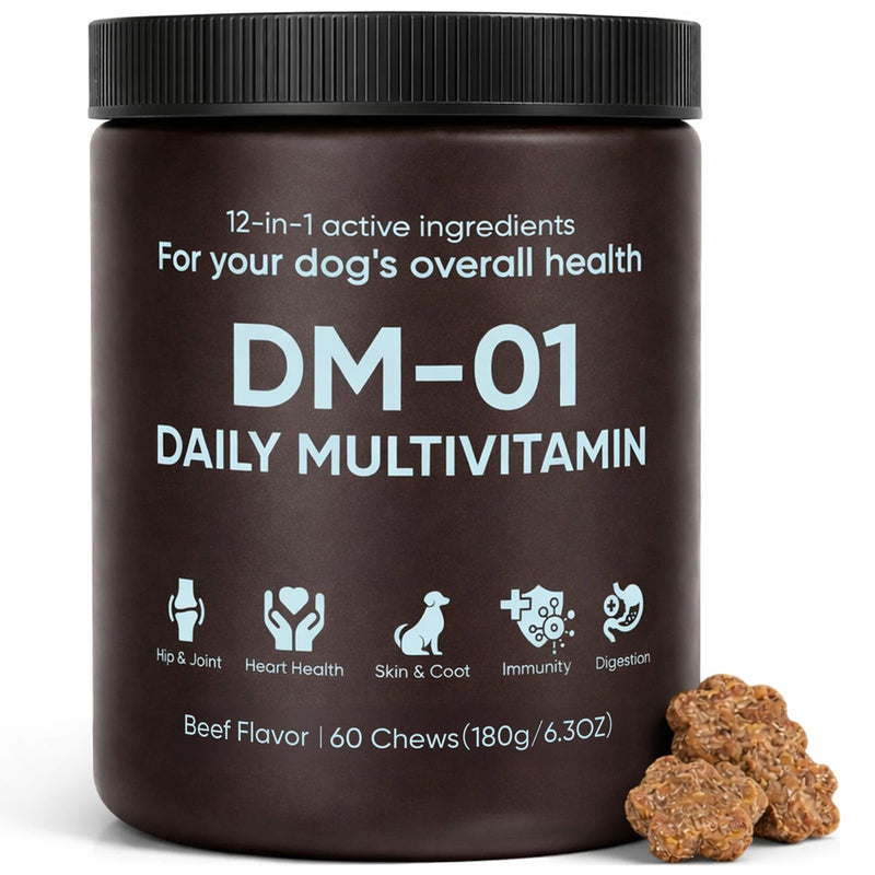 DM-01 Daily Multivitamin for Dogs, Dog Daily Multivitamin for Skin & Coat Health, Joint Support, Digestive Health, with Salmon Oil, Chondroitin, and Natural Vitamins, Beef Flavor, 60 Chews (1) 1