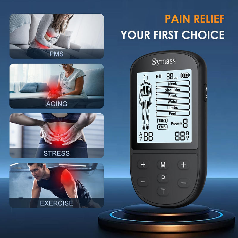 TENS Unit Muscle Stimulator, EMS Massager Machine, Dual Channel Electronic Pulse Physical Therapy Machine for Back Pain Relief, Shoulder Recovery, Muscle Relaxation, 24 Modes,10 TENS Unit Pads,Black Black
