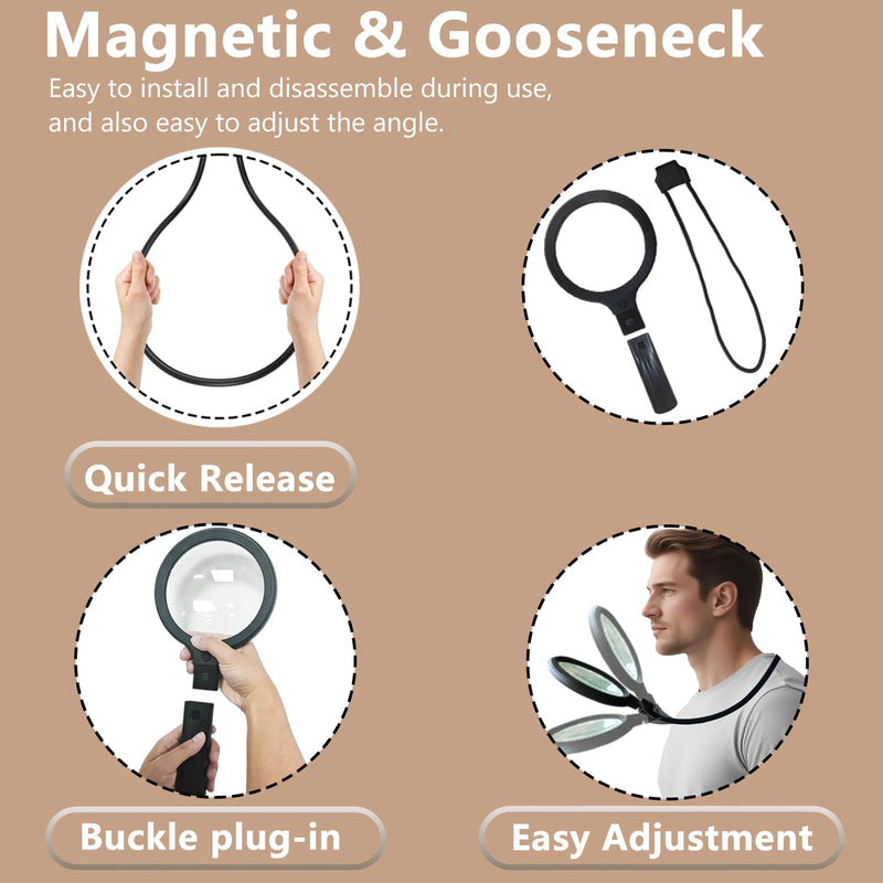 Hands-Free Magnifying Glass with Light, Rechargeable Neck Magnifier for Reading, Crafts, Cross Stitch - Adjustable Brightness for Low Vision Seniors & Close Work (White & Warm Light) White & Warm Light