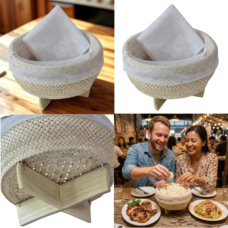 Thai Bamboo Sticky Rice Steaming Basket with Cloth – 7” Wide Traditional Isan Style Cooking Tool – Handmade Natural Bamboo Rice Steamer.