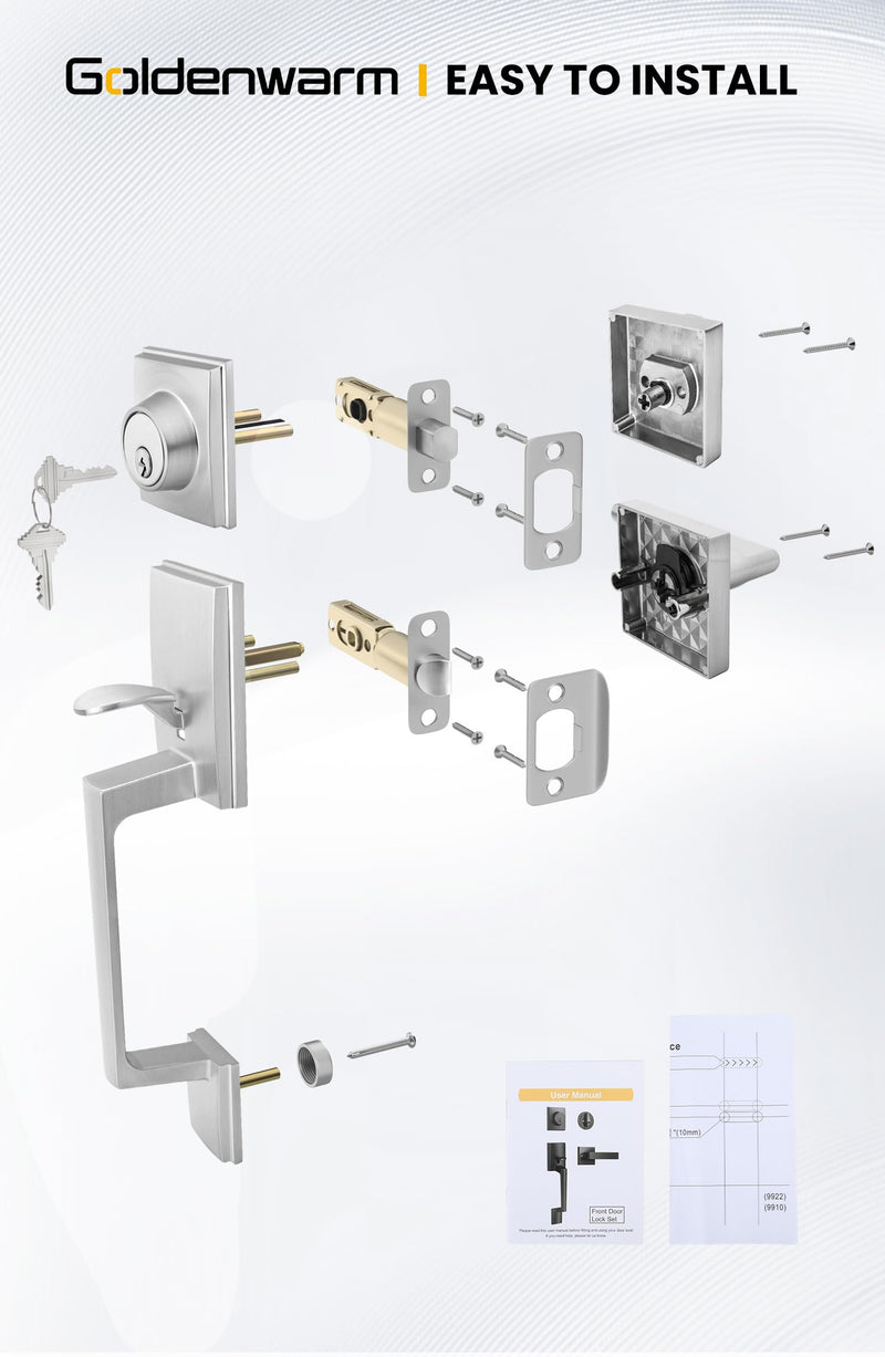 Goldenwarm Front Door Handle and Deadbolt Set, Brushed Nickel Front Door Lock Set with Reversible Handle Lever, Single Cylinder Front Door Handles and Locks Square with Deadbolt