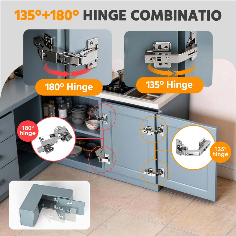 Lazy Susan Hinges 135° & 180° Soft Close for Corner Cabinet, Full Overlay, 2 x 180° + 2 x 135° Hinges, Kitchen Bifold Hardware with Silent Damper, Pie Cut Solution