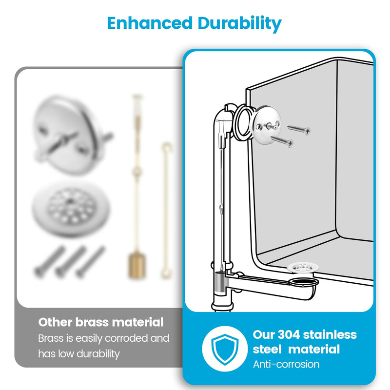 Tub Drain Kit, Bath Tub Drain Linkage Assembly with Trip Lever and Strainer Done Cove, All Components are Made of 304 Stainless Steel, Fit for Trip Lever Bath Tub Waste and Overflow Drain