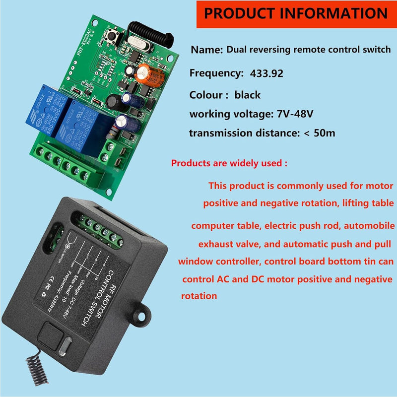 Forward Reverse Remote Control Switch,DC7V-48V 10A Switch,Linear Actuator 12V Remote Switch,328 Ft Remote Range,for Linear Actuators,Motors,Winch Electromagnetic (with Instantaneous Function) 7-48V White 1