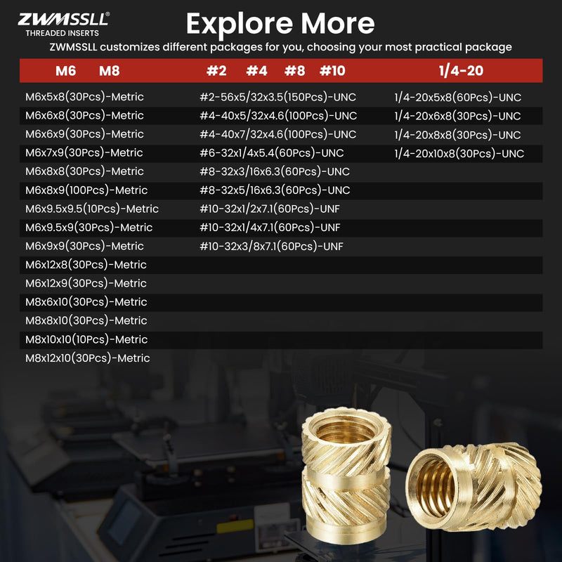 1/4"-20 Heat Set Threaded Inserts,60 Pieces 1/4"-20x5x8 Heat Set Insert for 3D Printing Components and Plastic Parts,Brass Knurled Nuts 60