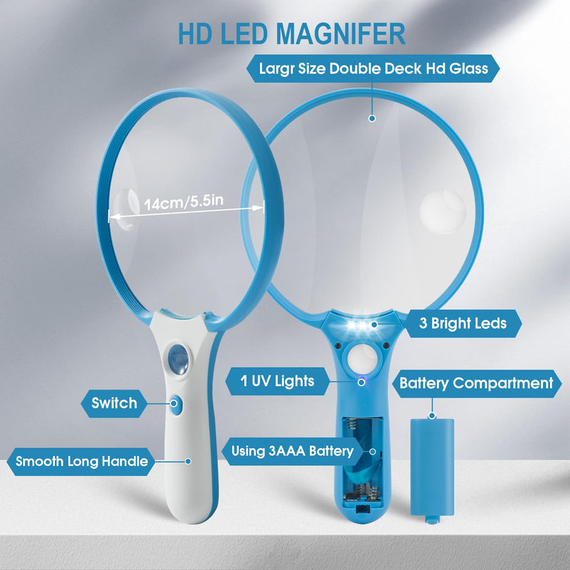 Large Magnifying Glass with Light, Magnifier Handheld Illuminated Lighted Magnifier with 3 LED Lights 1UV Light Storage Bag Clean Cloth for Seniors Reading Inspection (Blue) Blue