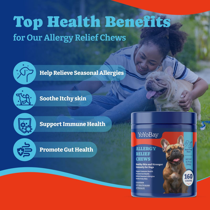 Dog Allergy Relief Chews - Immune Support & Itch Relief with Colostrum, Astragalus Root, 6-Strain Gut Health Blend - Duck & Pear Flavor, 160 Count - PawsPlanet Australia