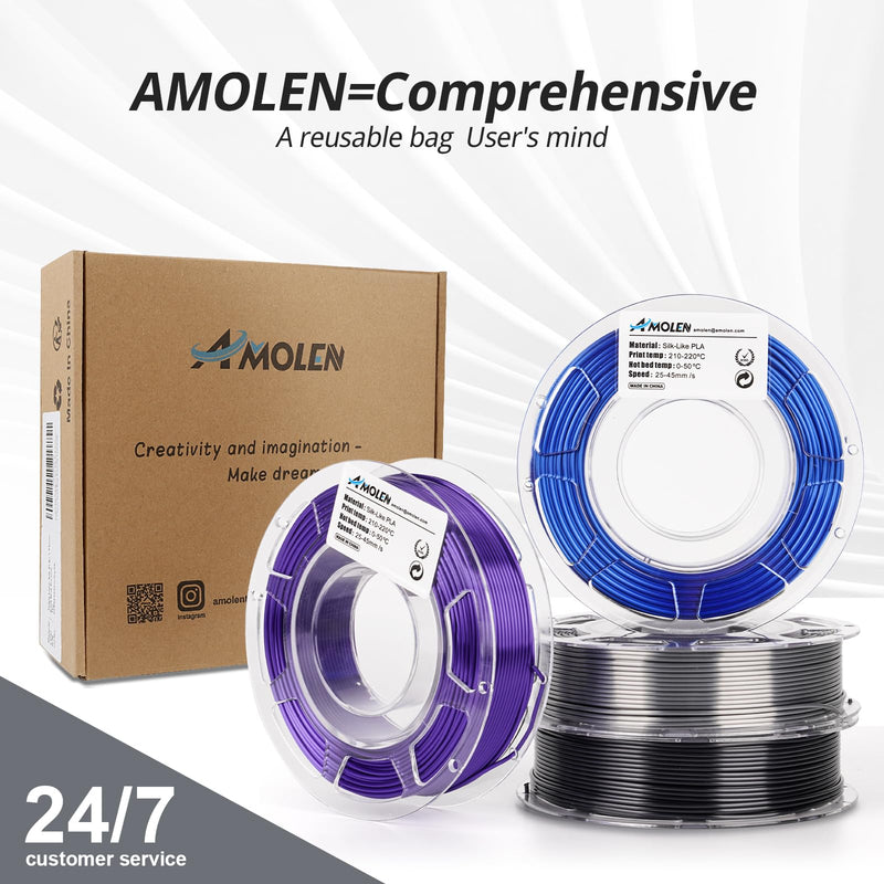 AMOLEN Silk 3D Printer Filament Bundle, PLA Filament 1.75mm Pack, Shiny 3D Printing Filament, 200g X 8