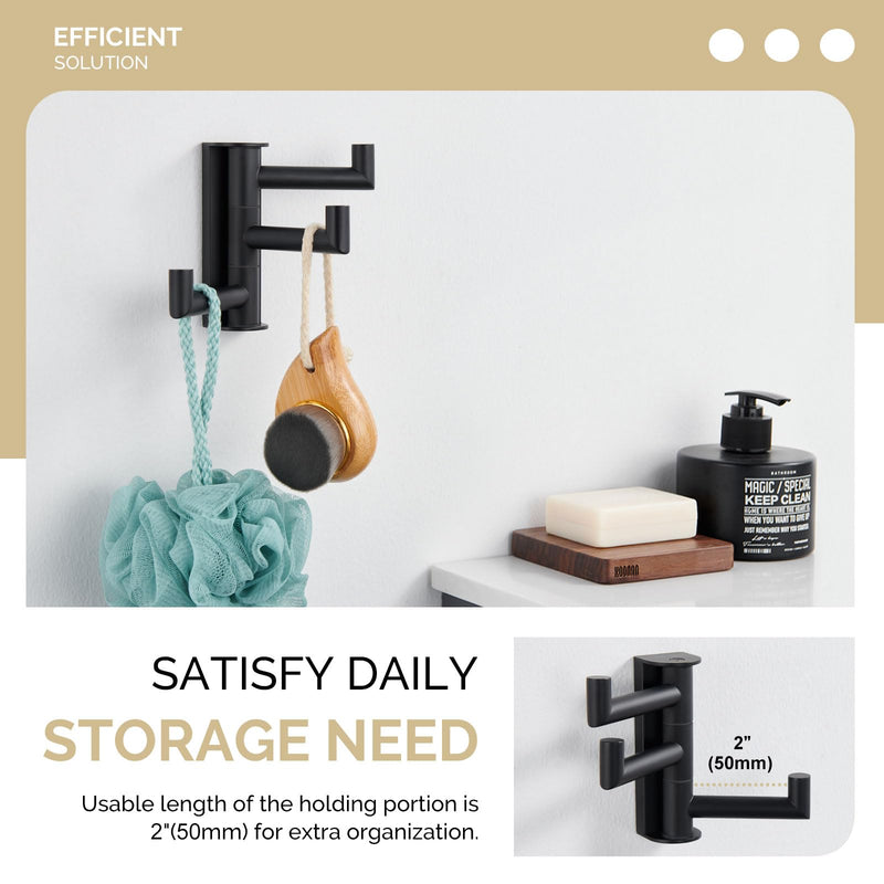 Angle Simple Swivel Towel Hook 3 Arms, SUS 304 Stainless Steel Foldable Bathroom Robe Towel Hook, Wall Coat Holder, Matte Black 1 Pack