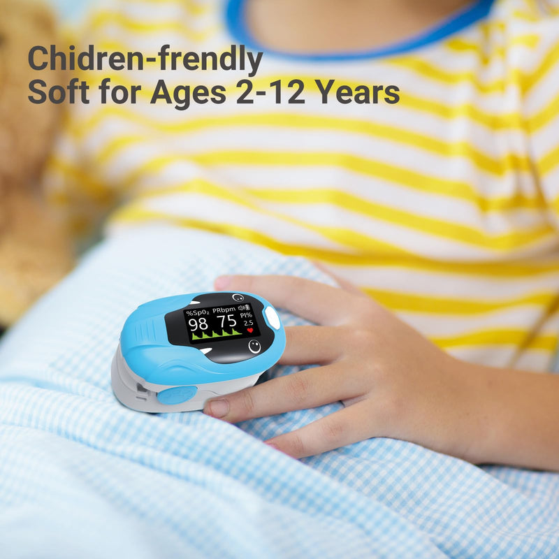 ESPOO Pediatric Pulse Oximeter Fingertip, Spo2 Pulse Oximeter for Kids with 20xMemory, Alarm & Brightness Adjustable(not for newborn/infant) Blue
