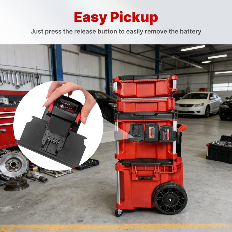 4-Slot Battery Holder Compatible with Milwaukee M18 Battery, Milwaukee Battery Holder Side Organizer with Rail Clips for Packout System, Mounted on Packout Toolbox to Secure Storage and Easy Access Black