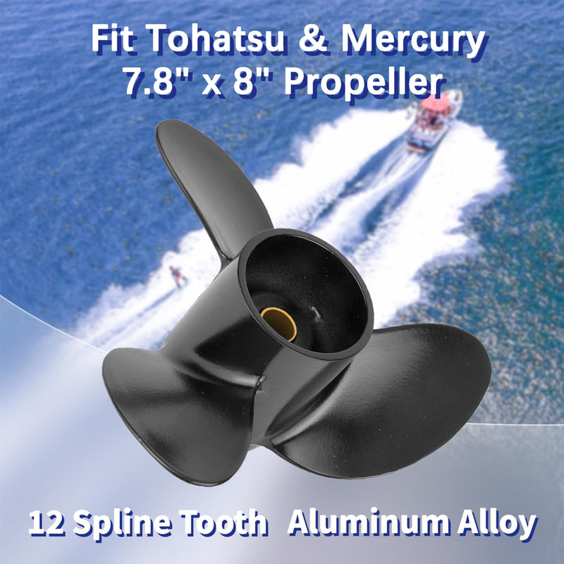 7.8 x 8 Aluminum Boat Outboard Propeller fit Tohatsu Nissan & Mercury Engines 4-6HP, 3R1B64516-2, 12 Spline Tooth RH, 3 Blades