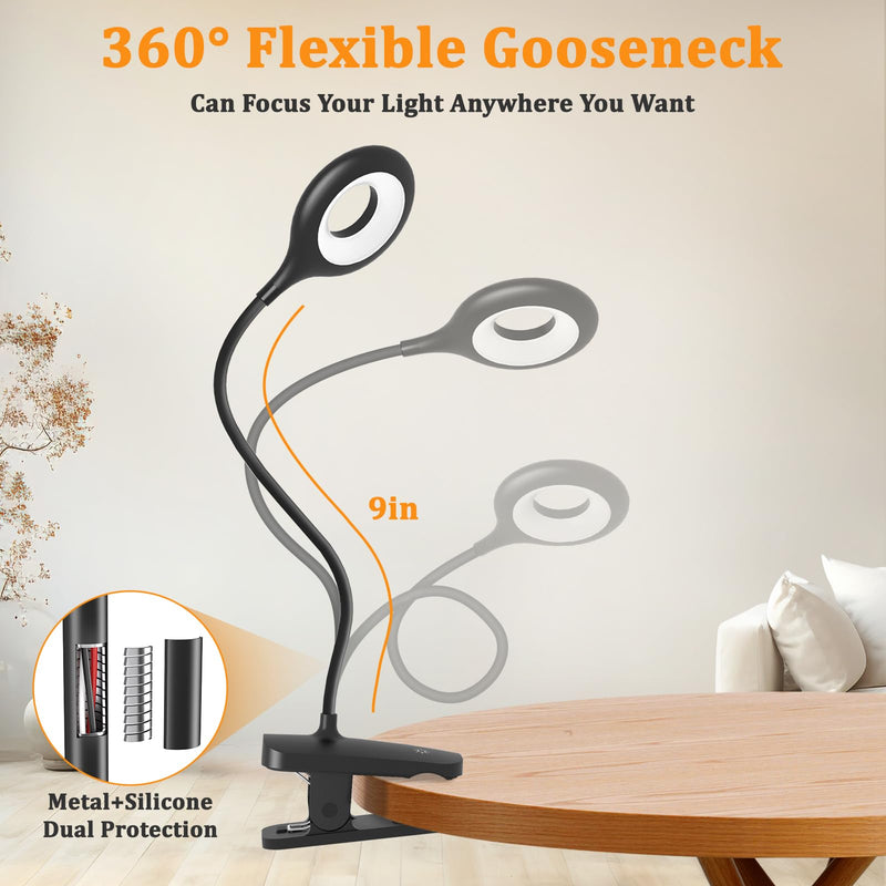 Clip on Light Rechargeable with Large Clamp, Battery Operated Bed Headboard Reading Lamp - 5 Colors 5 Brightness, Flexible Arm Book Light at Night for Kids Desk Bunk Metal Bed Frame (Black) 1Pack Black