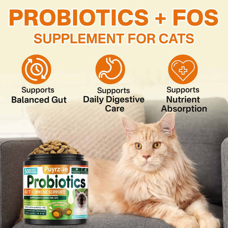 Puyrzoe Lysine for Cats Drops + Cat Probiotics Chews – Respiratory & Immune Support + Gut & Digestive Balance – Liquid Lysine 60ml + 500 Chews Crunchy Cheese Core with 3 Probiotics & FOS for Cats