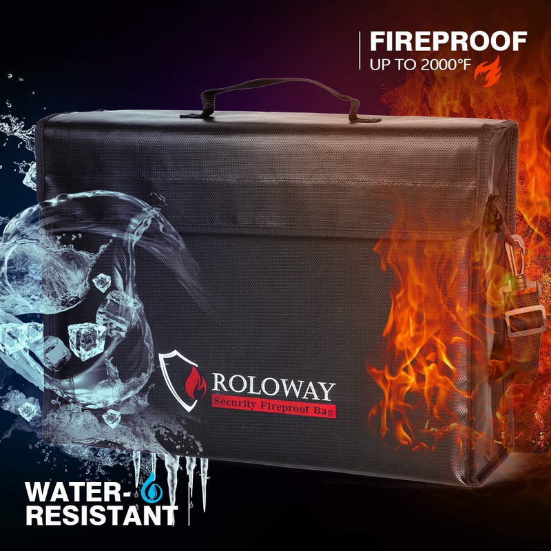 ROLOWAY Large (17 x 12 x 5.8 inches) Fireproof Bag, Water Resistant Fireproof Document Bag Safe for Money, Documents and Valuables Storage XX-Large + Small Black
