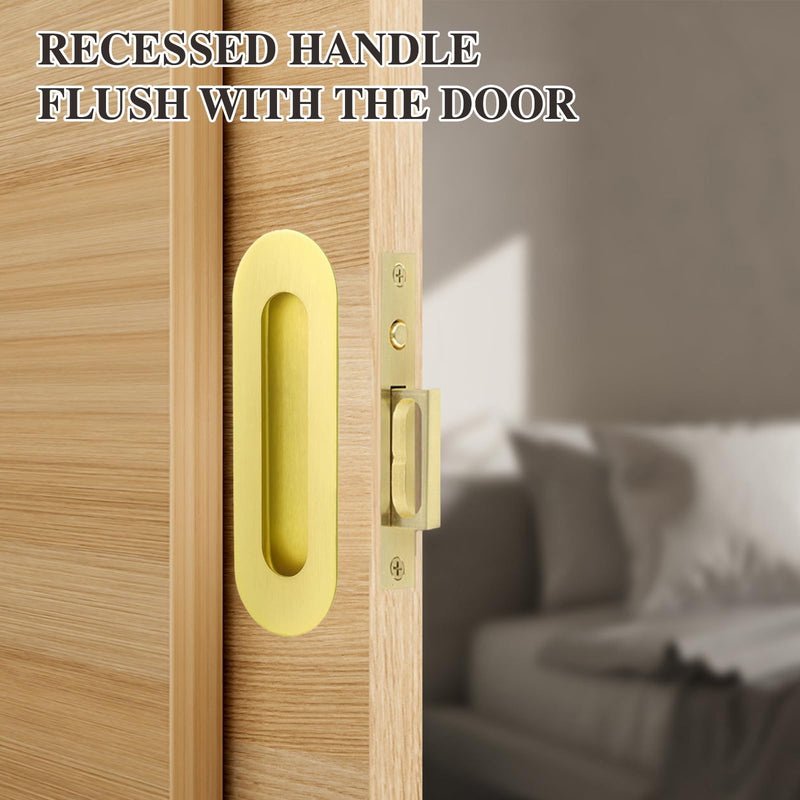 Pocket Door Handles Gold,6 inch Oval Recessed Flush Pocket Door Pull Handle,304 Stainless Steel Pocket Door Hardware, Hidden Edge Pull with Push Automatic Bounce Switch 6 Inch