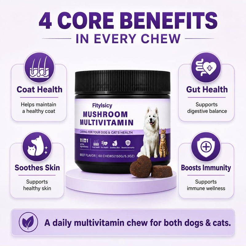 Mushroom Supplement for Dogs & Cats, 11-in-1 Pet Multivitamin Soft Chews, 13 Organic Mushrooms with Glucosamine, Chondroitin, MSM & Omega-3, Immune, Gut, Joint, Skin & Coat Support, Beef, 60 Count
