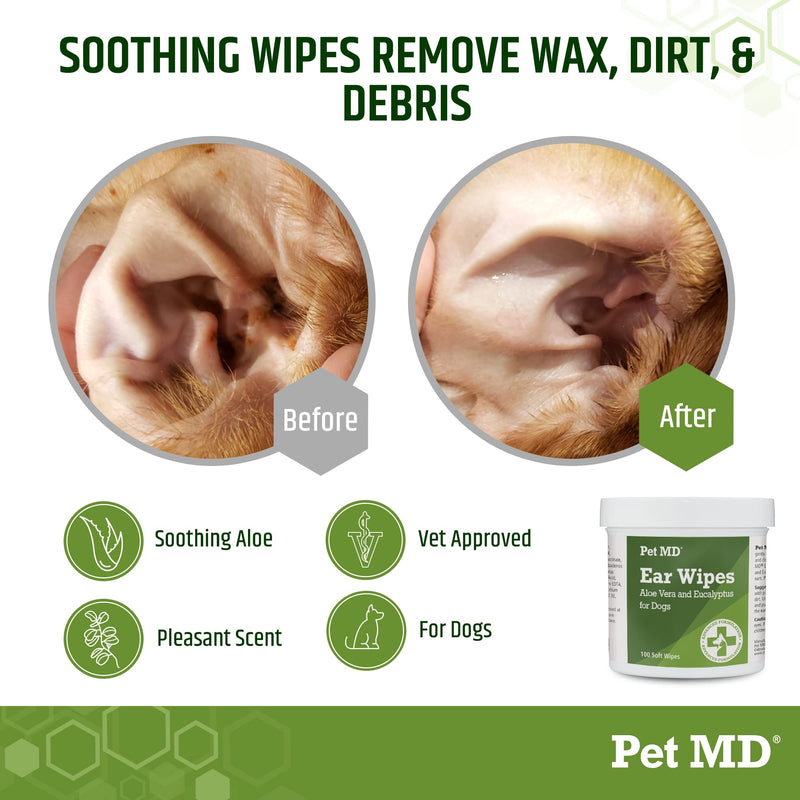 Pet MD Dog Ear Cleaning Wipes with Aloe and Eucalyptus + Veterinary Tris Flush Cat & Dog Ear Cleaner - PawsPlanet Australia