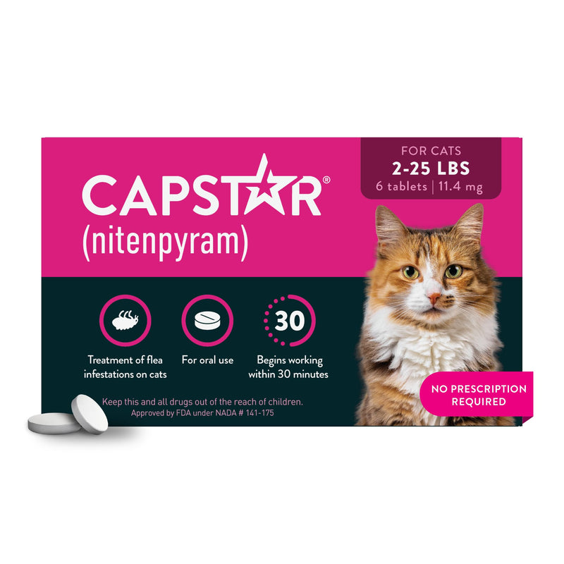 Capstar (nitenpyram) Cat Flea Treatment, Fast-Acting Oral Flea Treatment for Cats 2-25 lbs, Vet-Recommended Medication Tablets Start Killing in 30 Minutes, 6 Doses 6 Count