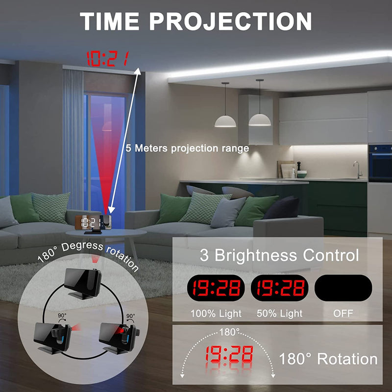 Projection Alarm Clock for Bedrooms Ceiling, Digital Clock Radio with USB Charger Port, Temperature & Humidity Display, 7.3” Large LED Display,12/24H,Snooze,Dual Loud Clock- 4 Dimmer Black