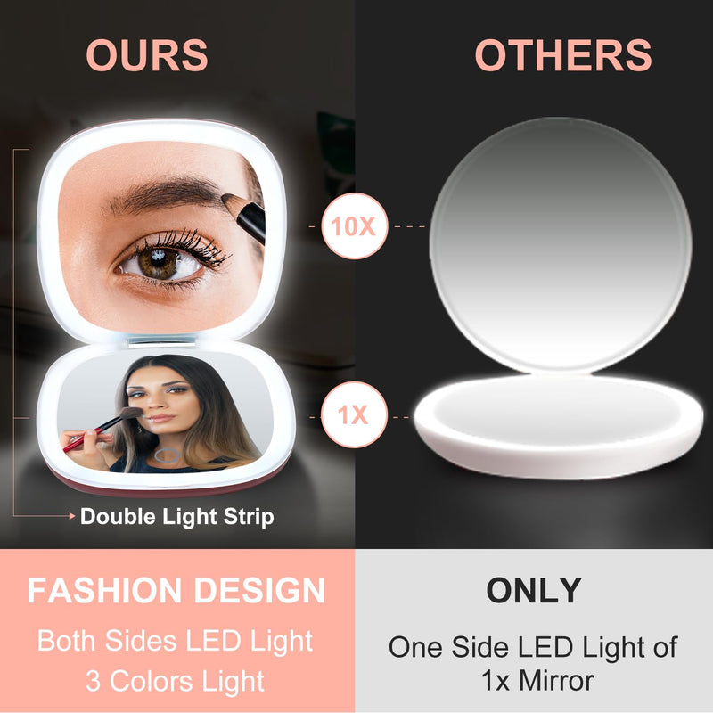 Mocado Compact LED Travel Makeup Mirror - 4 Inches 1X/10X Magnification Travel Mirror with Light Dimmable Double Sides Lighted USB Rechargeable Compact Mirror for Purse,Pocket,Travel(Wine Red) Wine Red