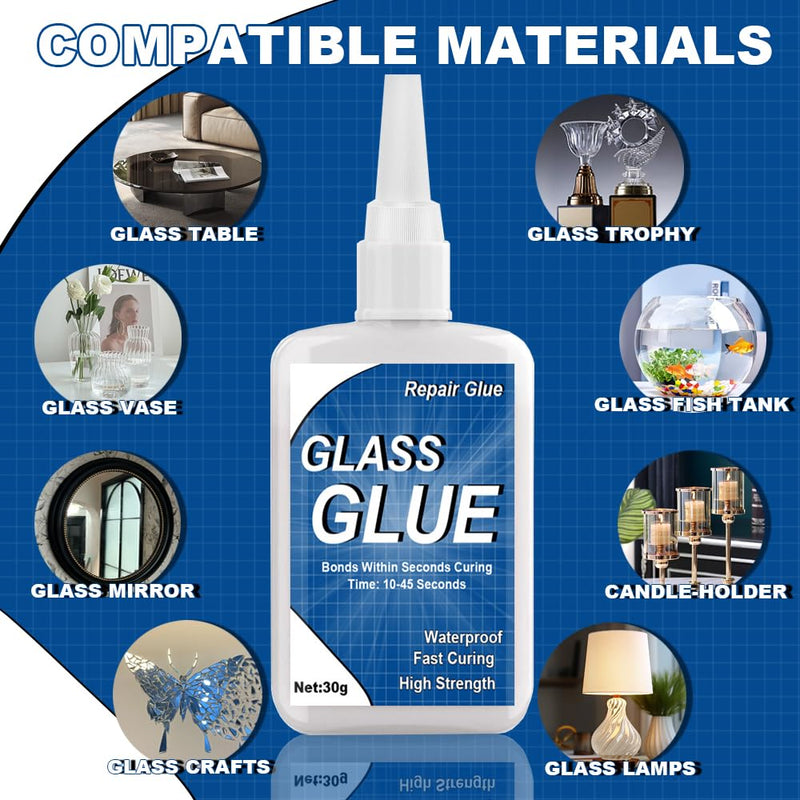 Glass Glue, Glass Glue Clear, Glass Repair, 30g Waterproof Heat Resistant Super Glass Adhesive for Glass to Glass Bonding Repair Mirrors Dishwasher and More, Super Quick Clear Glue for Glass Repair
