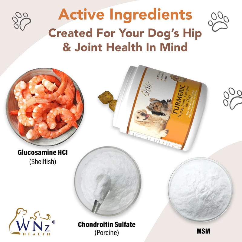 Turmeric Hip and Joint Chews for Dogs, Dog Chews for Mobility Support, Cartilage Health & Dog Joint Pain Relief, Anti-Inflammatory MSM, Glucosamine and Chondroitin for Dogs, 90 Chews, 8 Oz - PawsPlanet Australia