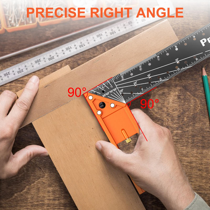 12” Woodworking Square Ruler - Preciva Right Angle Ruler Carpenter Square Layout Tool, Features Stainless Steel Blade, Retractable Ledge, 1/16” and 1/32” Notch Spacing and Multi-Angle Scribe Mark