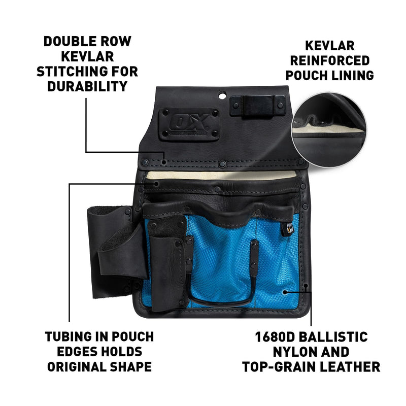 OX 10-Pocket Leather & Nylon Drywall Tool Pouch with Kevlar | Top-grain leather + 1680D ballistic nylon - hammer holder, tape holder - fits 2 to 3 in work belts