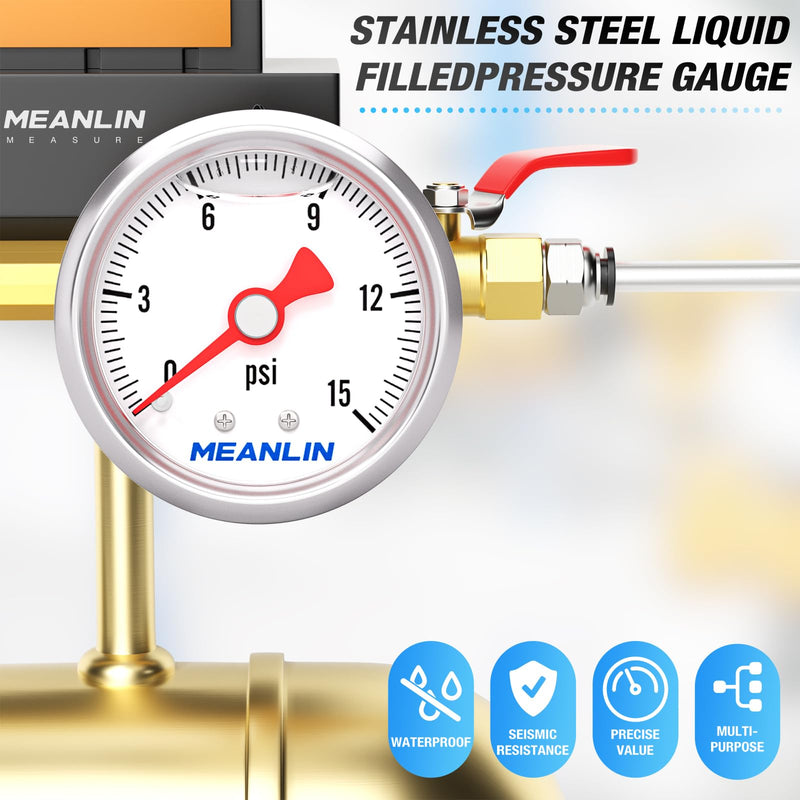 MEANLIN MEASURE 0~15Psi Stainless Steel 1/8" NPT 1.5" FACE DIAL, Glycerin Filled Pressure Gauge, Liquid Filled, Water Oil Air, Back Mount, with 1/8" x 1/4" NPT and 1/8" x 3/8" NPT Hex Bushing 0-15Psi