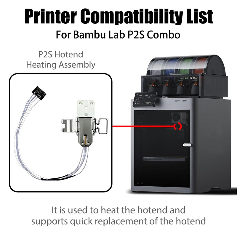 P2S Hotend Heating Assembly Kit for Bambu Lab P2S 3D Printers up to 2200℃ | Hightemperature Undergoing Safety For Over 3000 Hours,Zirconia Insulated Base Clip Quick Replacement