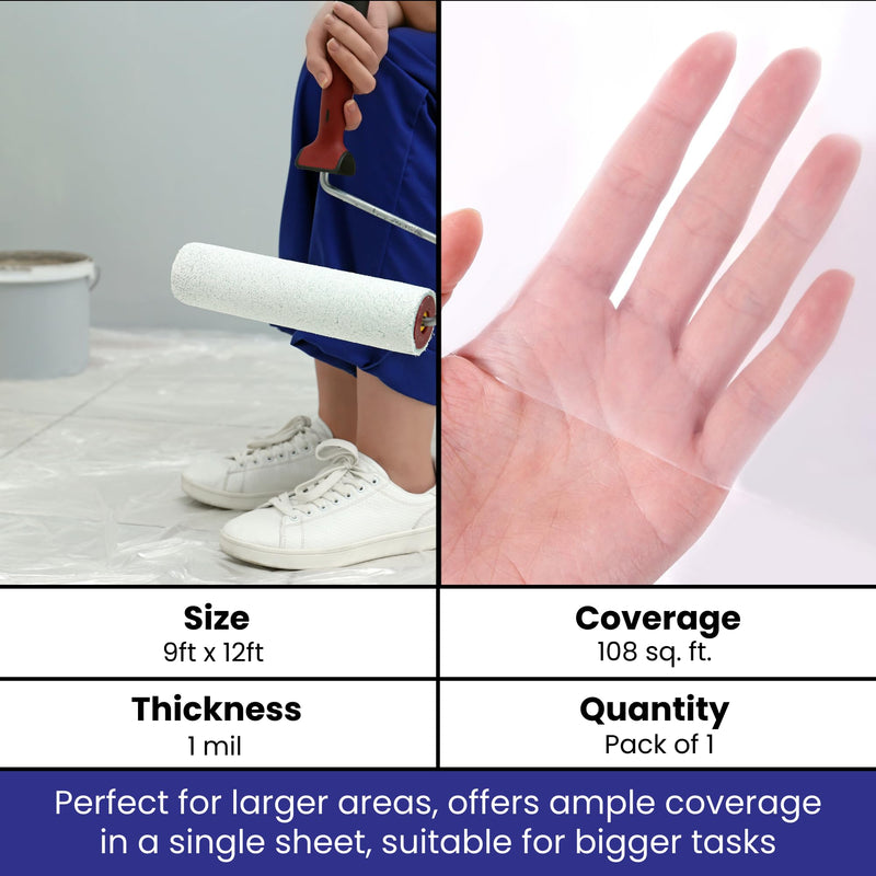 VicMore Clear Plastic Drop Cloth - Water & Dustproof, Odorless Plastic Sheet for Painting, Renovations, DIY Projects - Durable Paint Tarp with 1mil Thickness - Floor Covering & Dust Cover - 9 x 12’ 9FT x 12FT