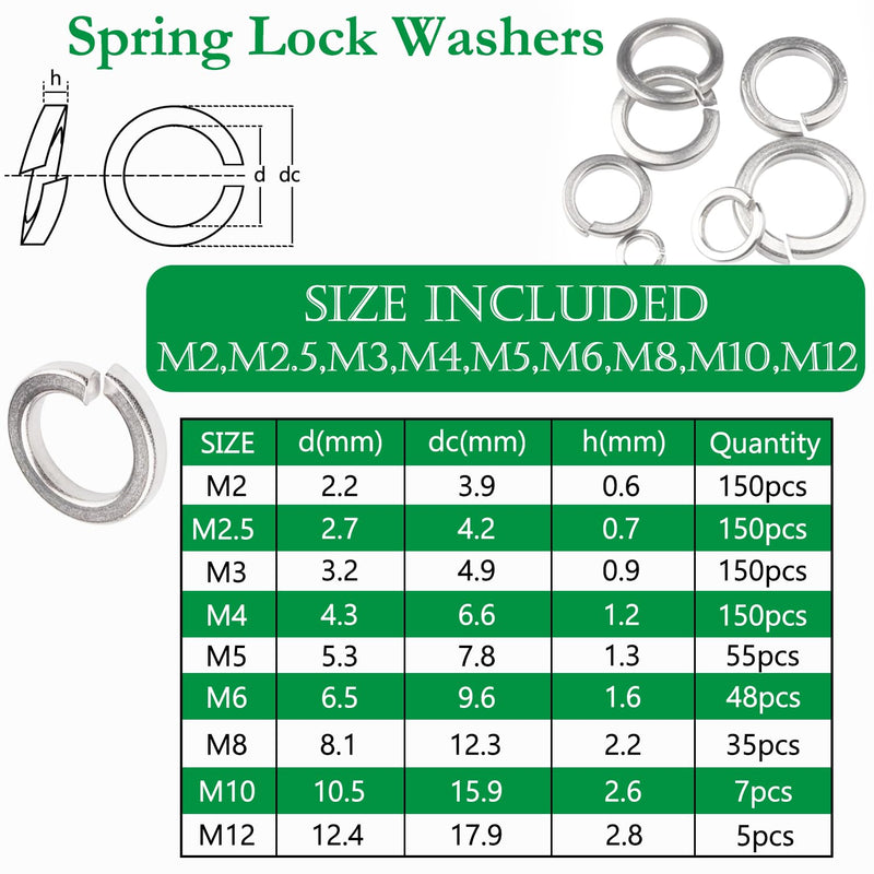 1000PCS Flat Washer and Spring Lock Washers Assortment Kit, 304 Stainless Flat Washers for Screws, 9 Metric Sizes Washers for Bolts -M2,M2.5,M3,M4,M5,M6,M8,M10,M12, Lock Washer Set M2 -M12 (1000PCS)