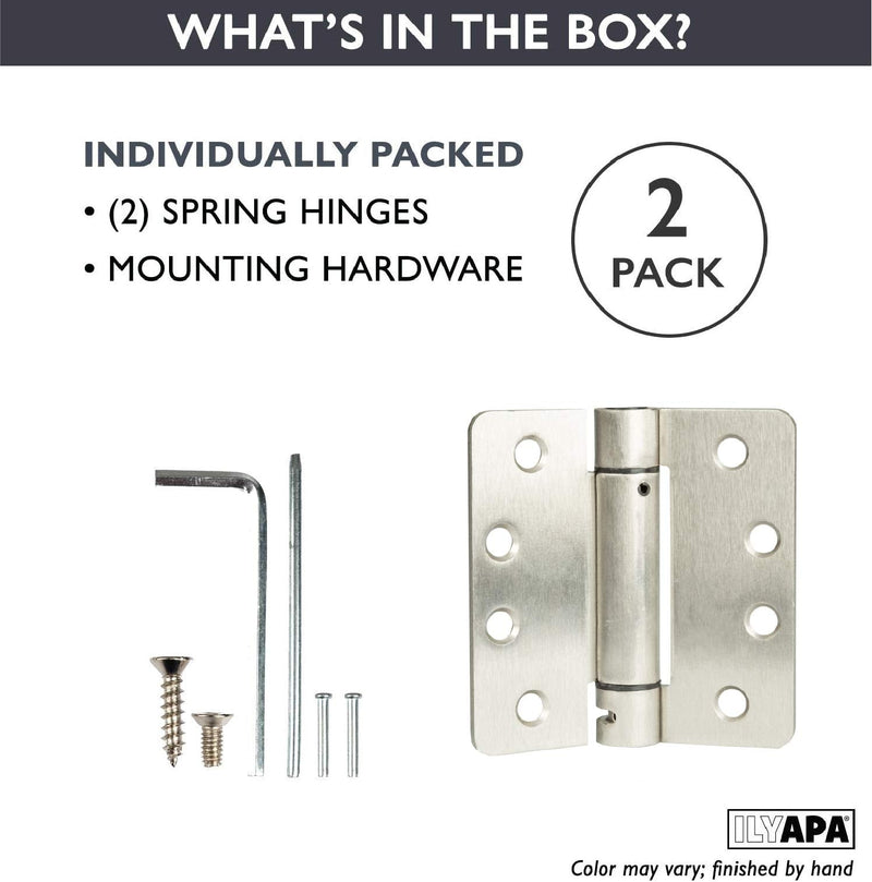 Ilyapa Self Closing Door Hinges, 2 Pack, Satin Nickel Mortise Spring Hinge - 4 x 4 Inch Interior Spring for Doors with 1/4" Radius Corners 4 x 4 Inches - 1/4" Radius