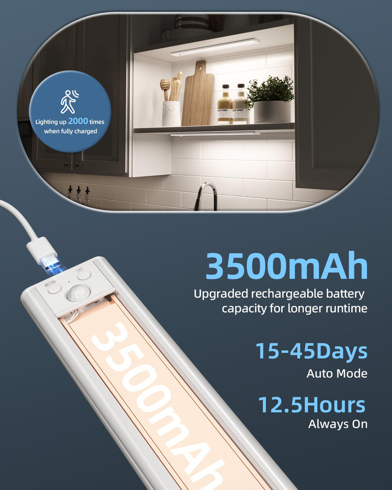 14.5inch Under Cabinet Lights, Wireless Closet Light, Motion Sensor, 3500mAh Rechargeable Battery, Magnetic, 3 Color Temps, 5 Levels Dimmable, Under Counter Lights for Kitchen (2 Pack) 14.5inch 3 Color Light