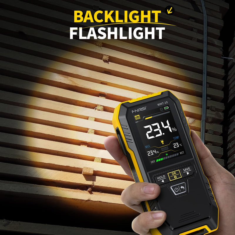 FNIRSI WMT-10 Rechargable Wood Moisture Meter, Pinless Moisture Meter for Wood, Firewood, Wall, Support Data Hold and Record, Flashlight, Humidity Detector for Lumber Concrete Building