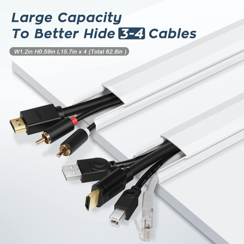 TV Cable Hider - 62.8in PVC Cord Hider Cable Management Wall, Paintable Cable Concealer for Wall Mounted TV, Cable Raceway White Wire Hider, Wall Wire Covers for Cords, 4* L15.7in *W1.2in *H0.59in Large