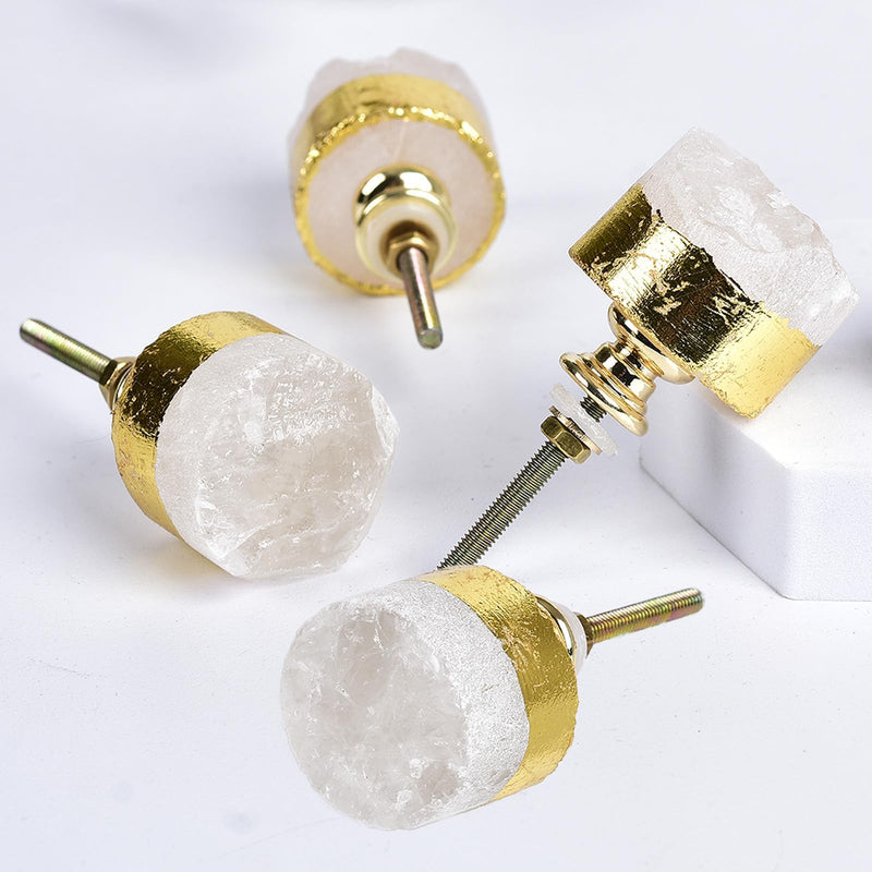 JIC Gem 4 Pack Clear Quartz Crystal Cabinet Knobs Gold Plated Drawer Pulls Home Office Decor Clear Quartz, 4pcs