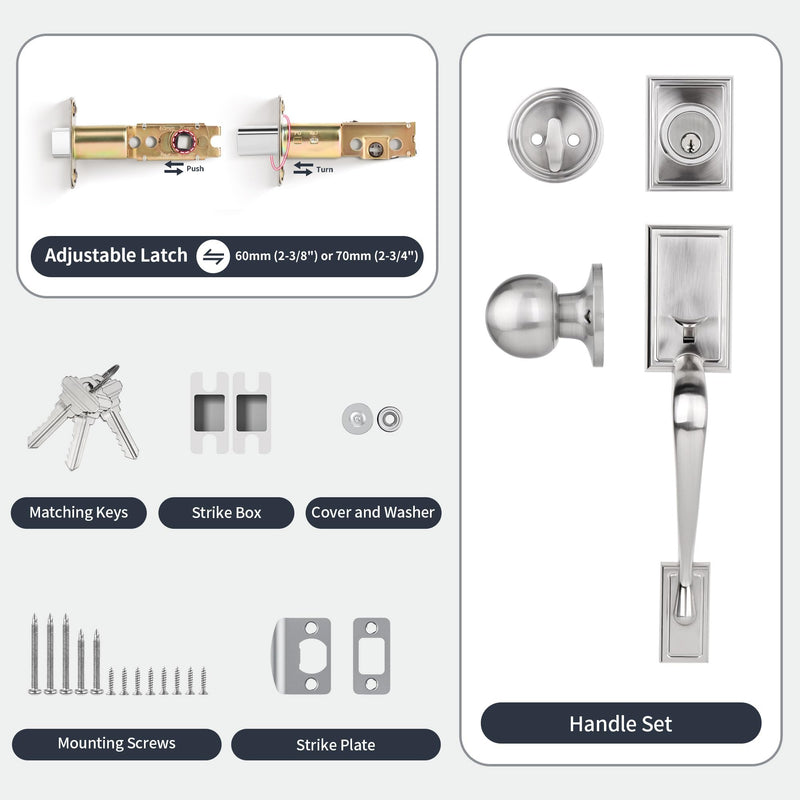 Front Door Handleset with Deadbolt – Satin Nickel Entry Handle Set with Interior Door Knob, Keyed Single Cylinder Lock, Reversible, Fits 1-3/8"–1-3/4" Doors