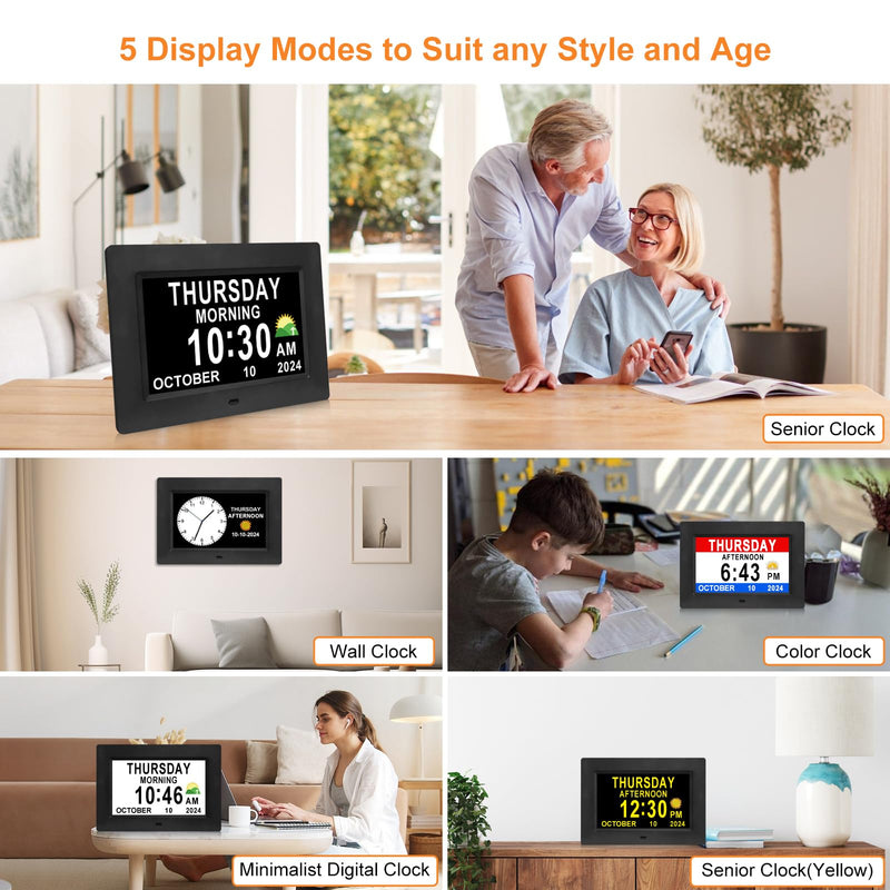 Digital Calendar Dementia Alarm Clock with Day and Date for Elderly - 15 Alarms 5 Colors Display Large Display Alzheimers Clock Large Digital Clock for Seniors (7in Black) 7''black