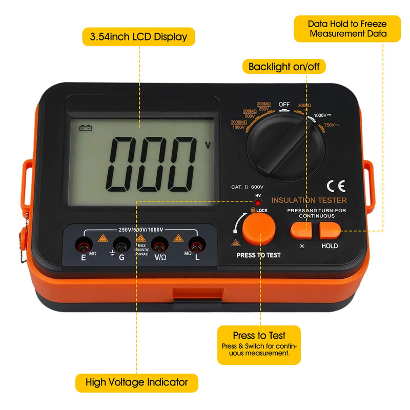 BTMETER Megohmmeter 1000V Insulation Resistance Tester, Electrical Megaohm Meter 200MΩ~2K Megohm Megger with 250V/500V/1000V Testing Voltage, Digital Multimeter Measure AC DC Voltage BT-VC60B (0.1MΩ~2GΩ)
