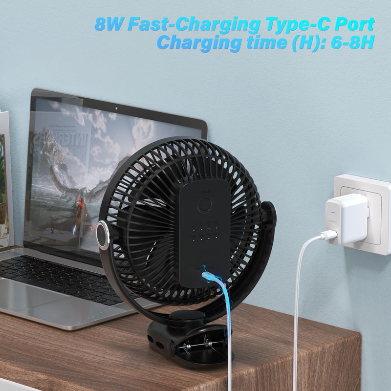 12000mAh Clip on Fan 30H Longest Runtime, 8in Portable Fan Rechargeable, Ultra Quiet with Heavy-Duty Clamp, USB Desk Fans for Golf Cart,Office Desk, Treadmill, Camping, Bedroom Classic Black