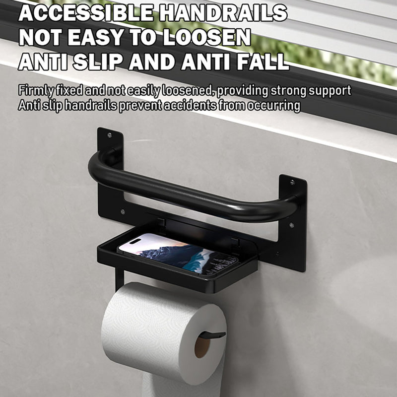 Black Toilet Paper Holder with Assist Bar Toilet Grab Bar Stainless Steel - Assistance Handle with Toilet Roll Holder and Shelf Wall Mounted Grab Bars with Toilet Paper Holder for Elderly Seniors