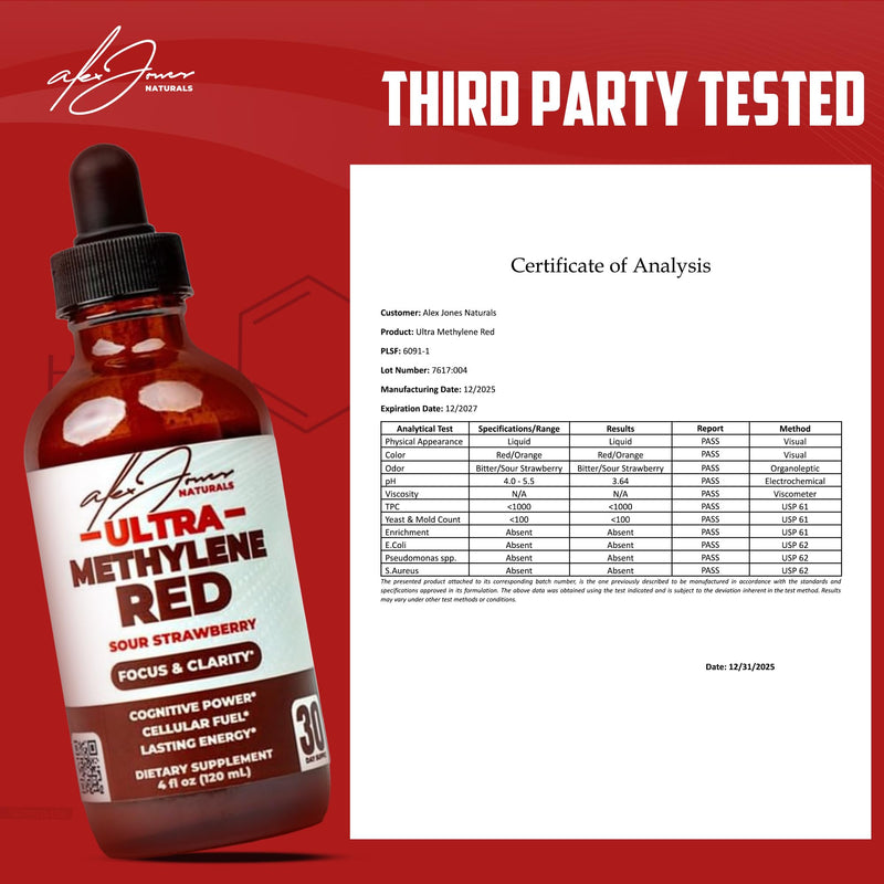 Alex Jones Ultra Methylene Red Drops - USP Grade High Purity Solution with B-Vitamins, ALCAR - 120 mL Dropper Bottle - 30 Day Supply - No Fillers or Dyes or Additives