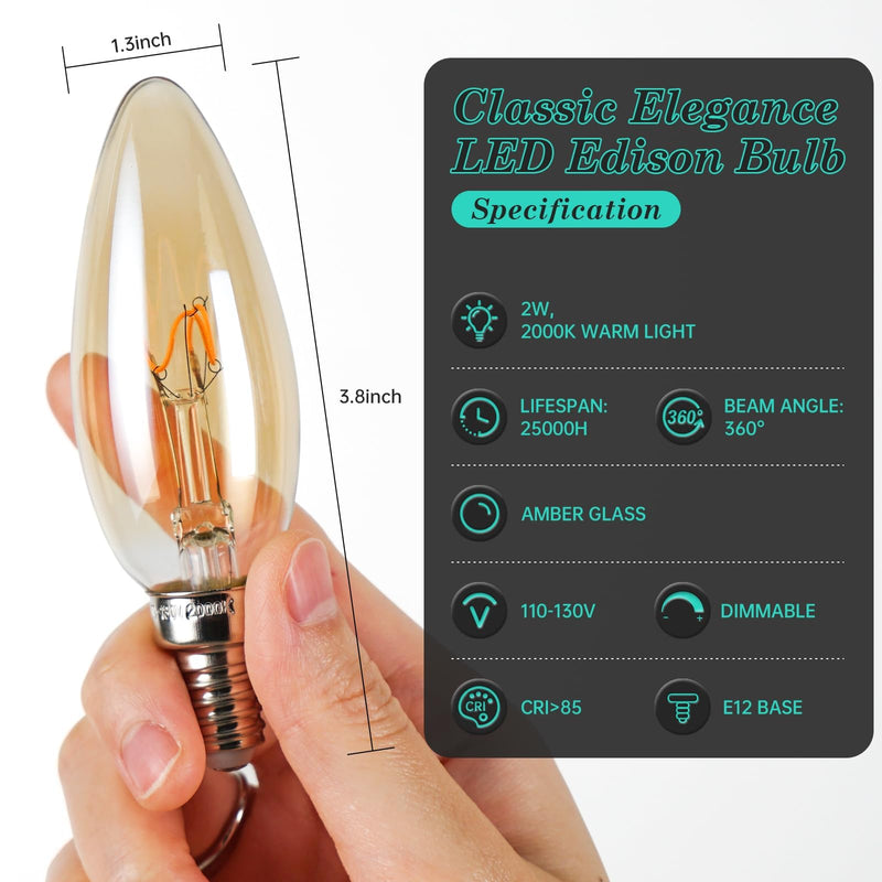 E12 Candelabra Light Bulbs 20W 25W Replacement, Super Thin Filament E12 LED Light Bulbs Dimmable, Chandelier Candle Light Bulb 2000K Soft Warm, Amber Candelabra Type B Light Bulb 12 Pack Amber Glass 2000k Warm Yellow 12 Count (Pack of 1)