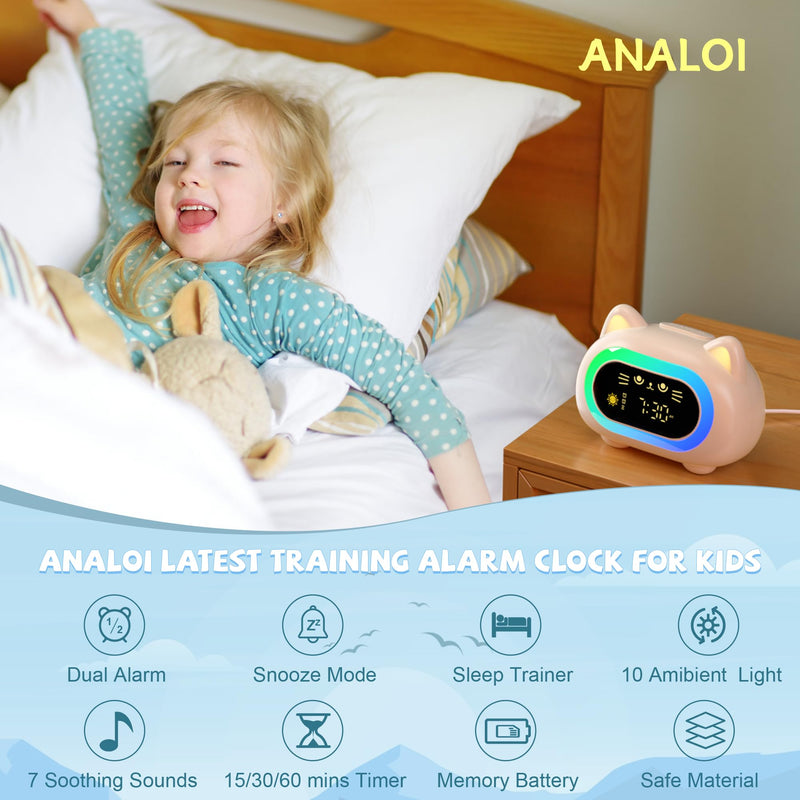 Alarm Clock for Kids, Ok to Wake Clock for Kids with Eye Protection Sleep Training Auto Off Feature 10 Night Light Dual Alarm, Kids Alarm Clock Cute Cat Gifts for Girls Creamy White New
