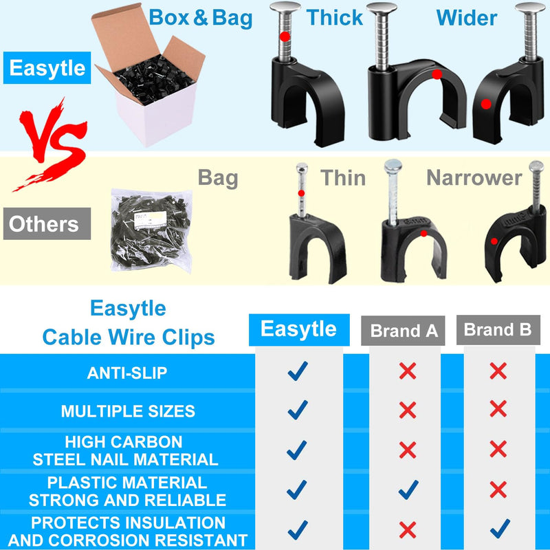 400pcs Black Cable Clips 4/6/8/10mm Cable Wire Clips Nail in Cable Clips Cable Tacks Coaxial Nail Clamps Cable Nails for Cords Cable Management RG6 RG59 CAT6 RJ45 Ethernet Cable Clips Coaxial Clamps