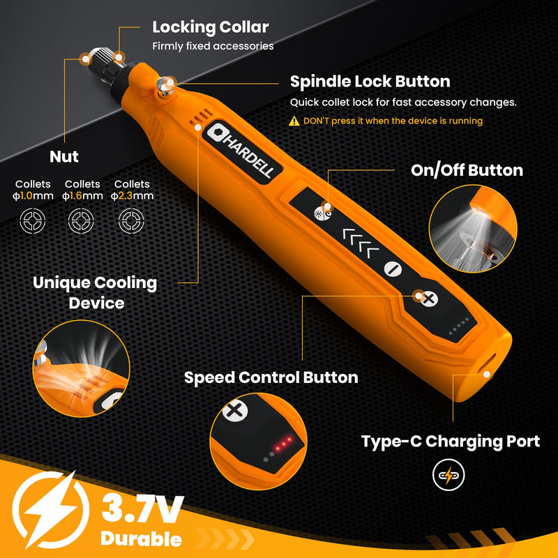 HARDELL Mini Cordless Rotary Tool Kit, 5-Speed and USB Charging with 61 Accessories, Multi-Purpose 3.7V Power Rotary Tool for Sanding, Polishing, Drilling, Etching, Engraving, DIY Crafts Cordless, Mini