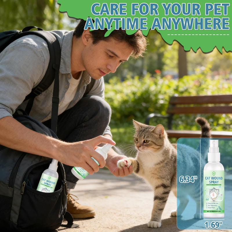Cat Wound Spray, Wound Care for Cats, Pet Wound Care Formula for Scratching Irritation Bites Burns Redness, Supports Skin Comfort and Recovery for Kittens, Adult Cats, Pets, 120ml